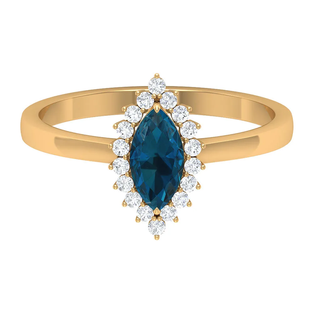 1 CT Marquise Cut London Blue Topaz Ring with Diamond Halo
