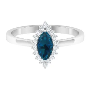1 CT Marquise Cut London Blue Topaz Ring with Diamond Halo