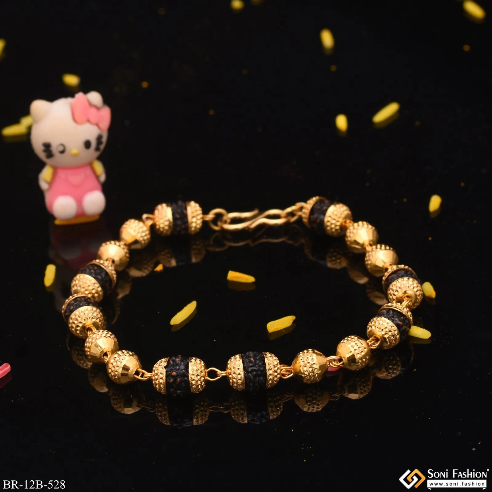 1 Gram - 2in1 Golden Ball with Bead Antique Design Gold Plated Bracelet - Style B528