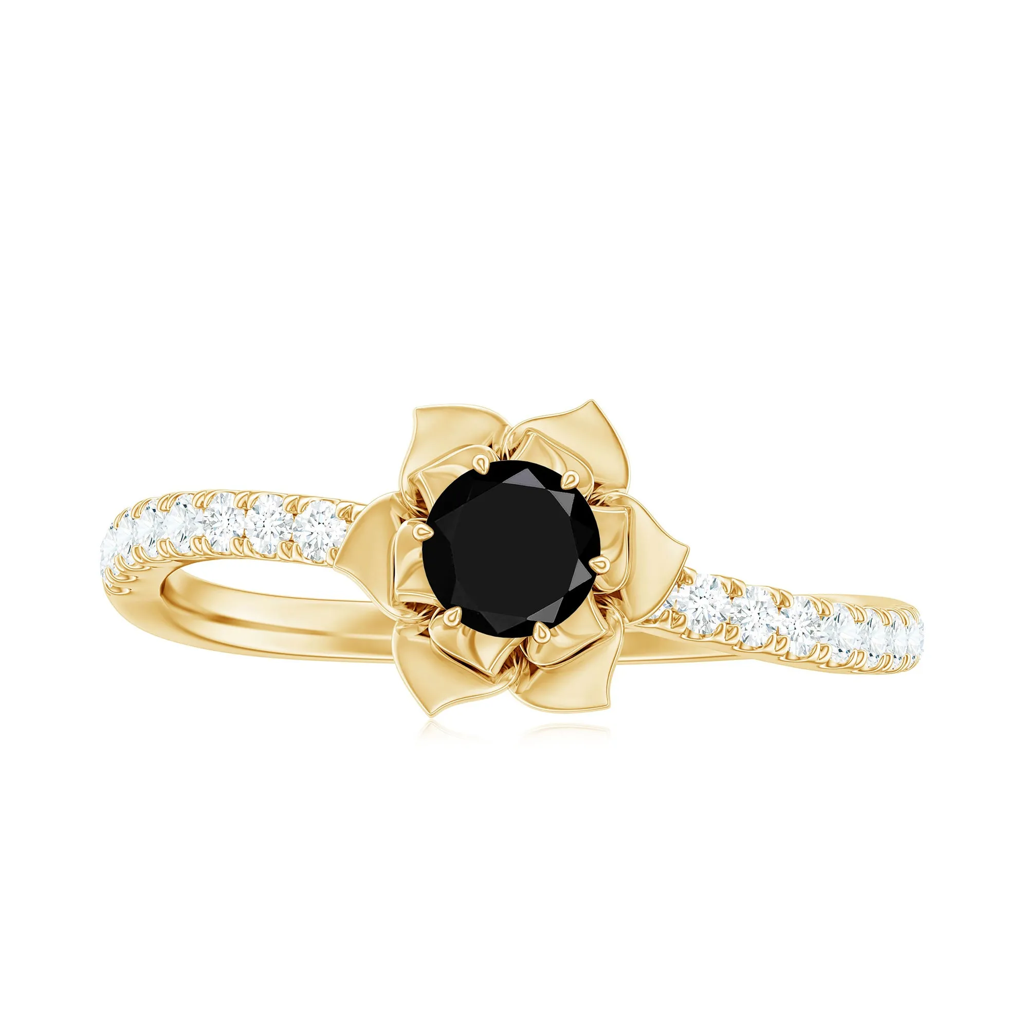 1/2 CT Black Spinel and Diamond Flower Engagement Ring