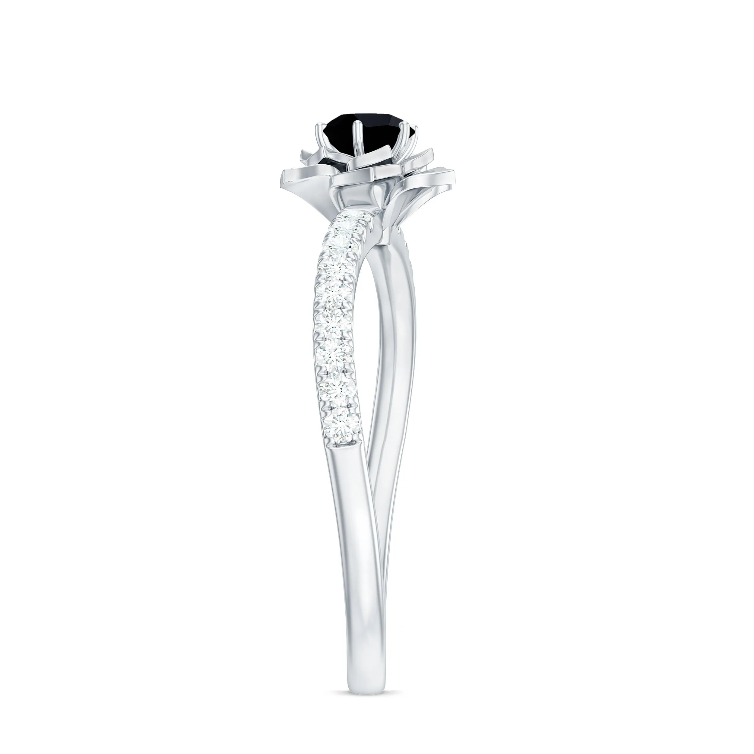 1/2 CT Black Spinel and Diamond Flower Engagement Ring