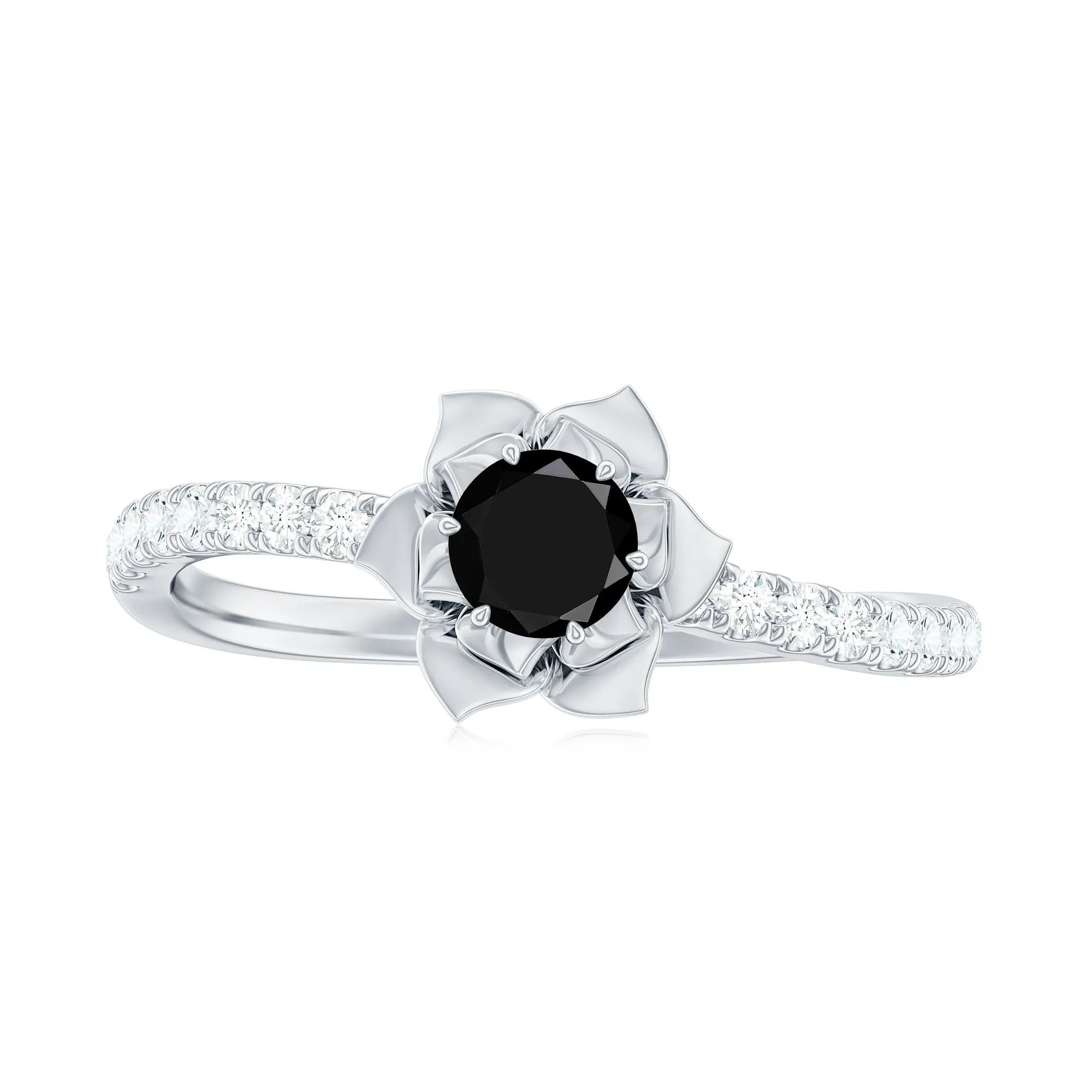 1/2 CT Black Spinel and Diamond Flower Engagement Ring