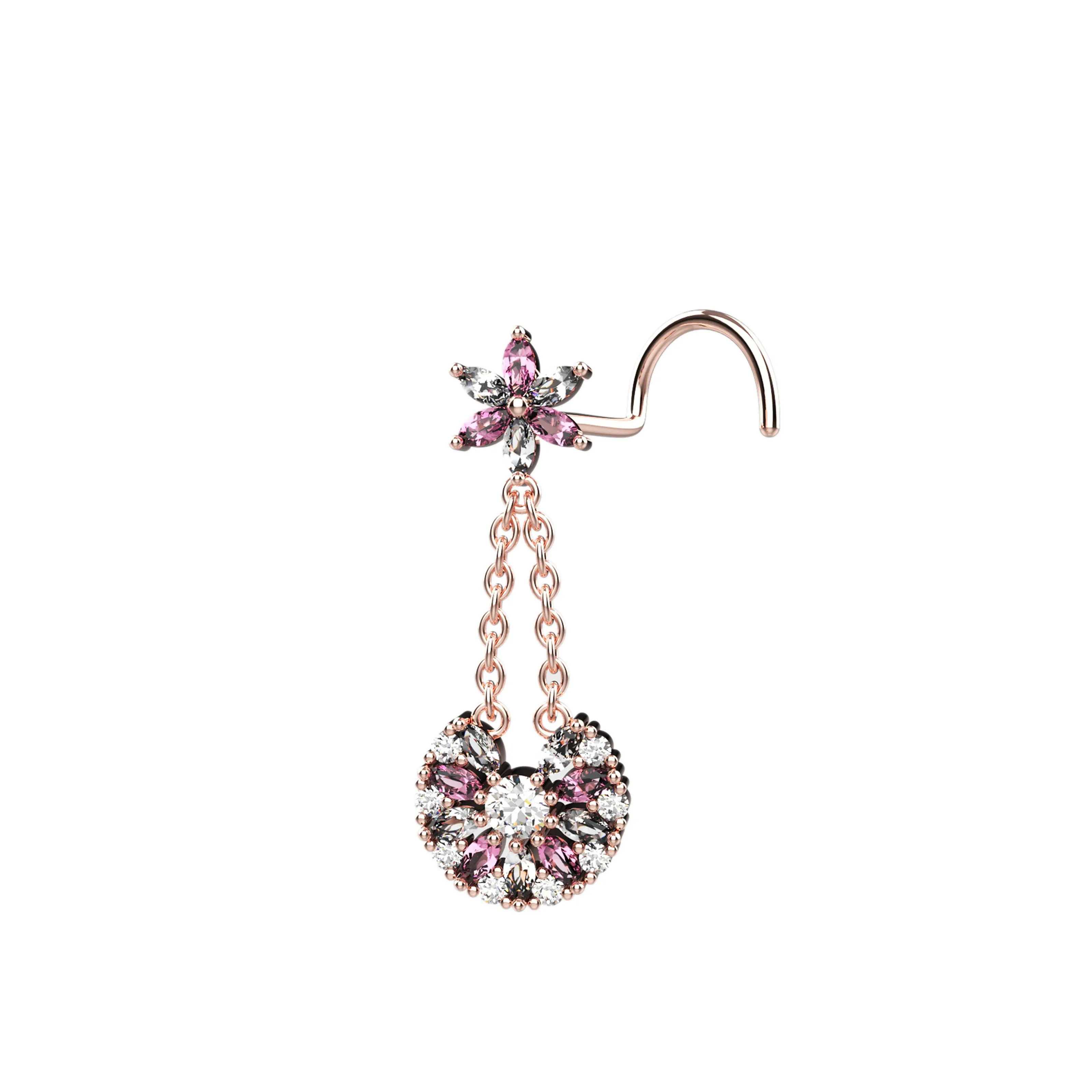 14k Gold Chain Dangle Nose Stud – Elegant Nose Piercing Jewelry