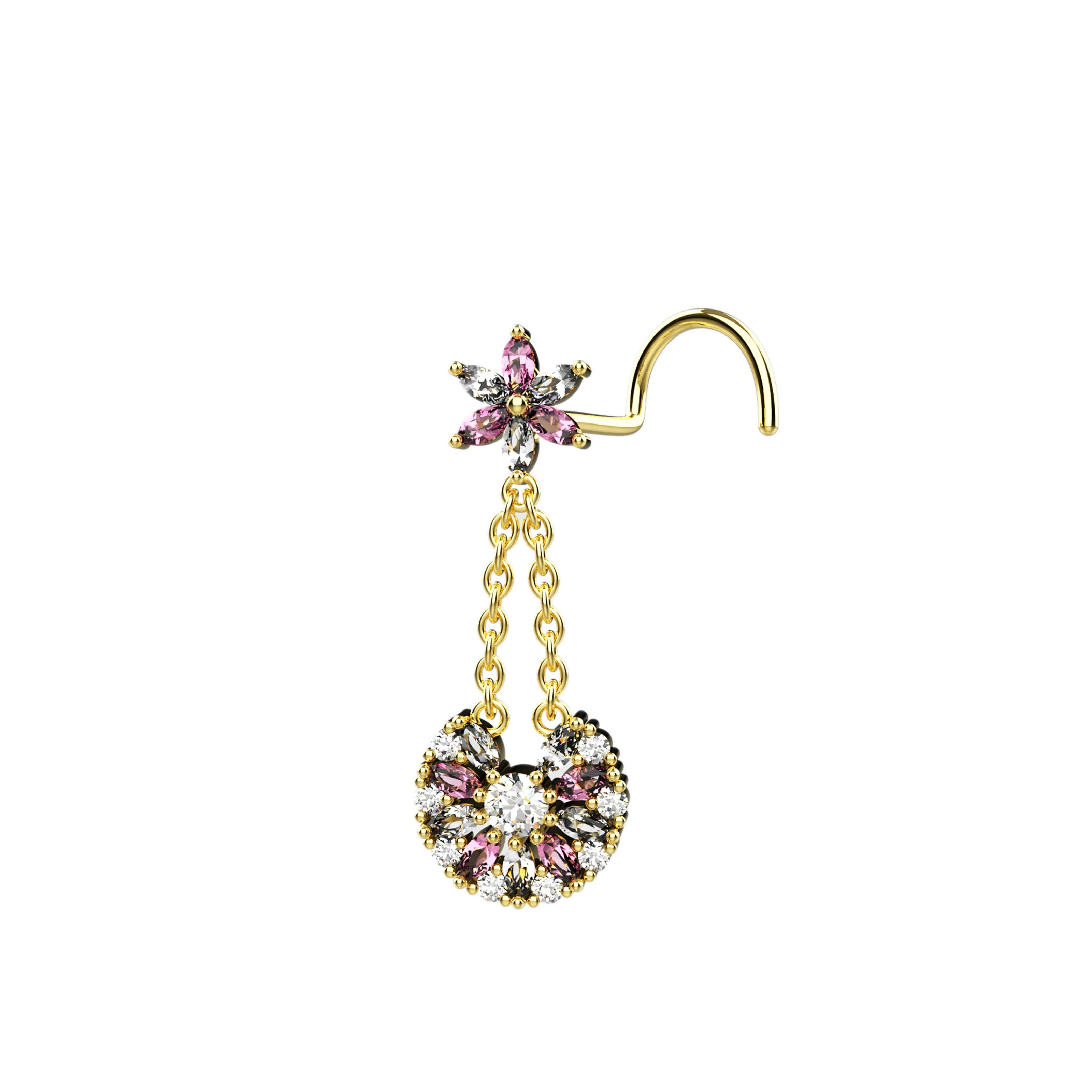 14k Gold Chain Dangle Nose Stud – Elegant Nose Piercing Jewelry