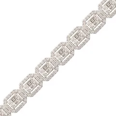 14K White Gold Baguette and Round Diamond Bracelet with Rectangle Design