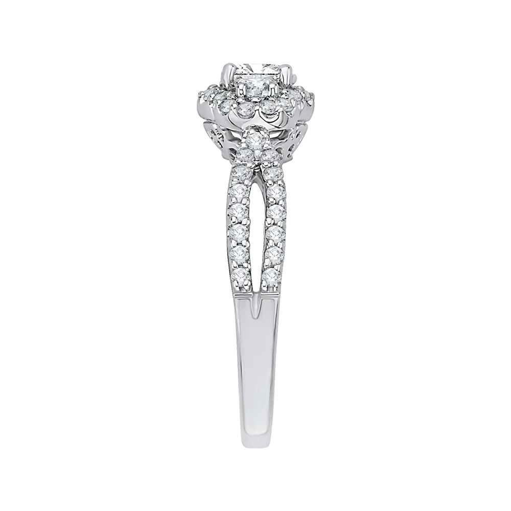14K White Gold Round Cut Diamond Three Stone Halo Engagement Ring