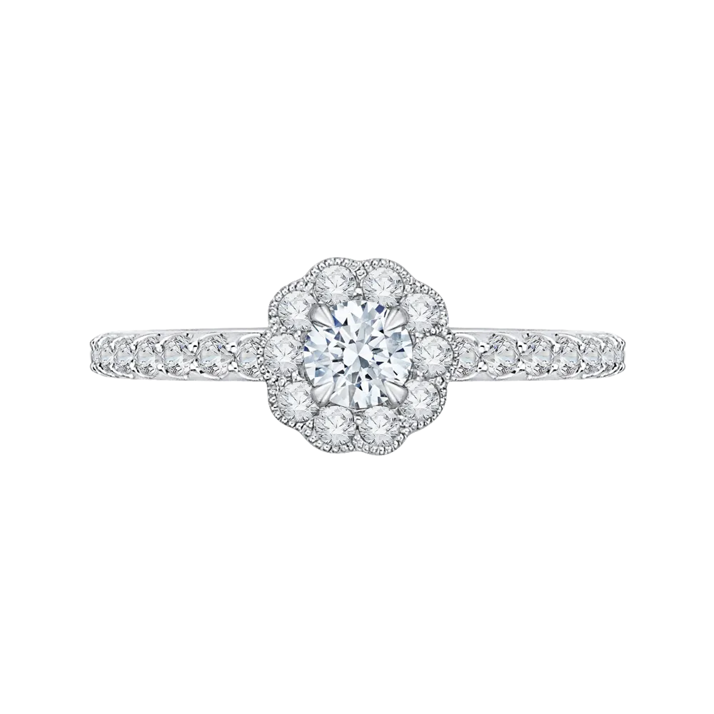 14K White Gold Round Halo Diamond Floral Engagement Ring