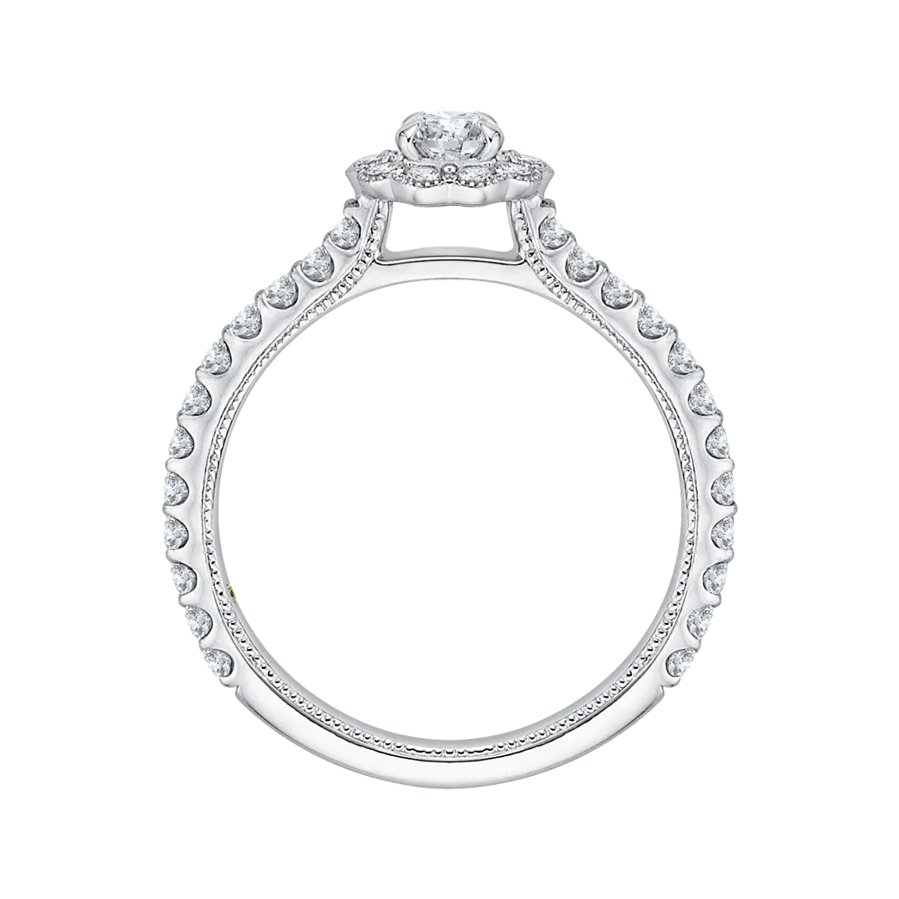 14K White Gold Round Halo Diamond Floral Engagement Ring