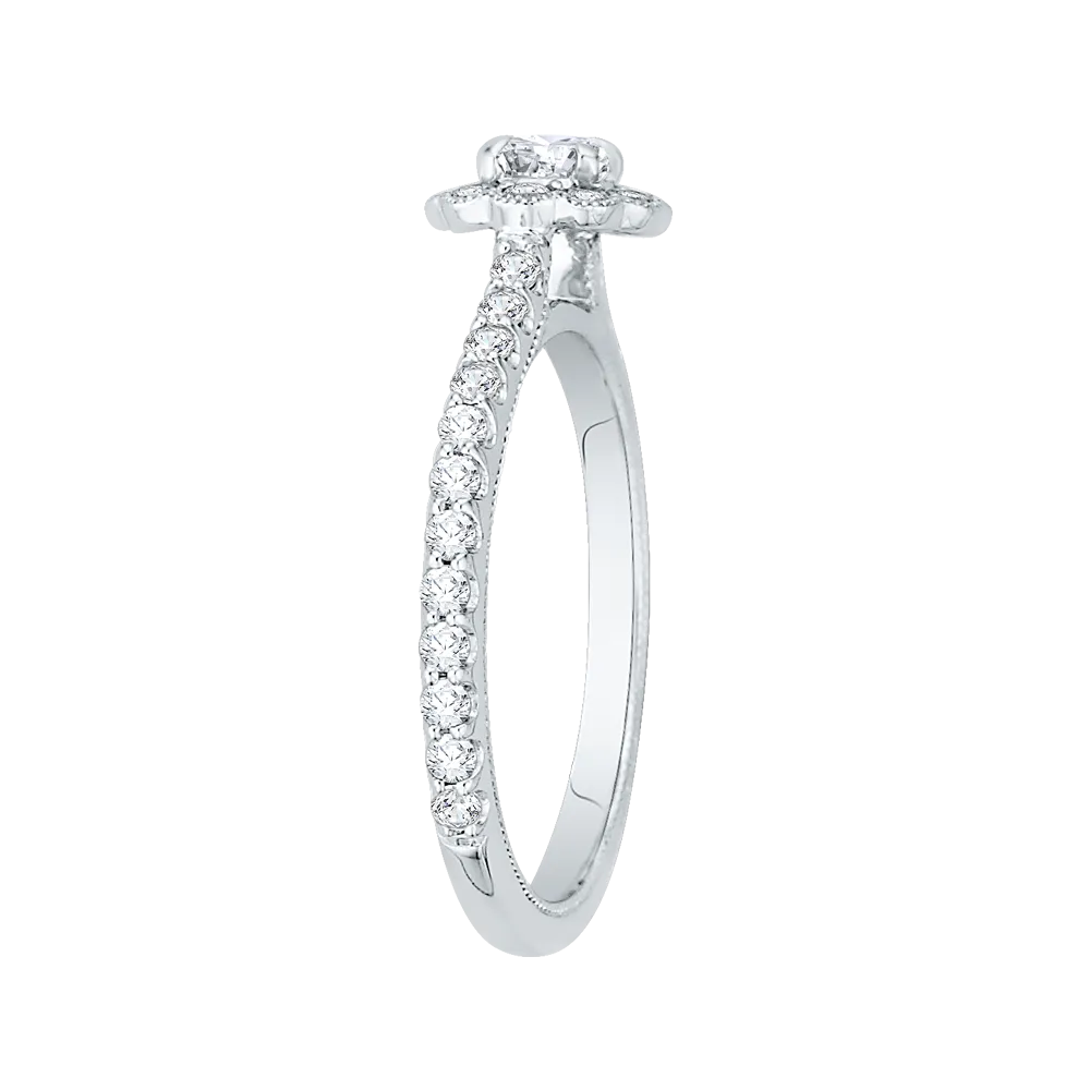 14K White Gold Round Halo Diamond Floral Engagement Ring