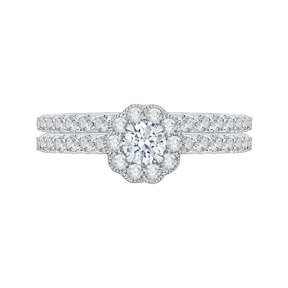 14K White Gold Round Halo Diamond Floral Engagement Ring