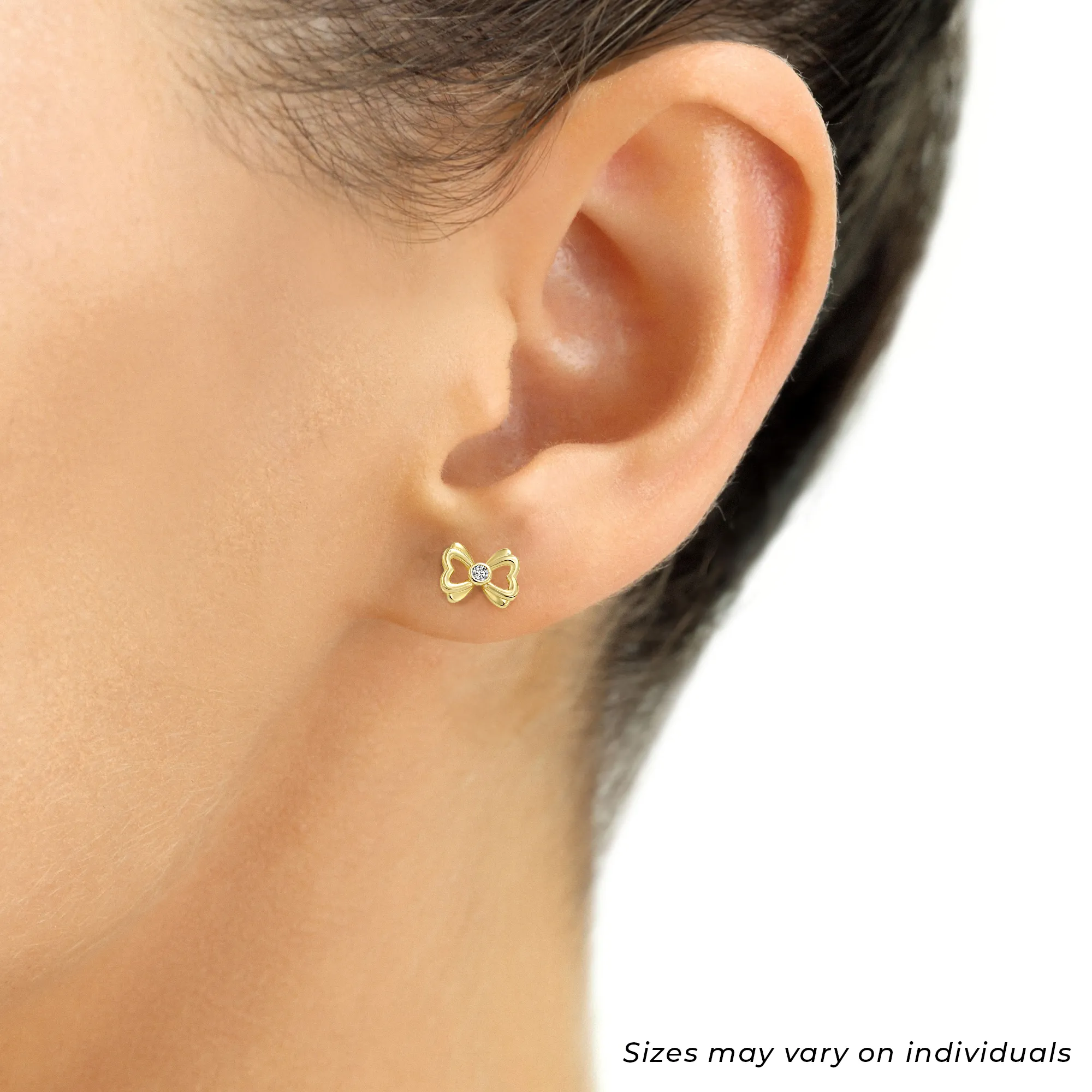 14k Yellow Gold Heart Bow with CZ Center Stone Stud Earrings with Screwbacks
