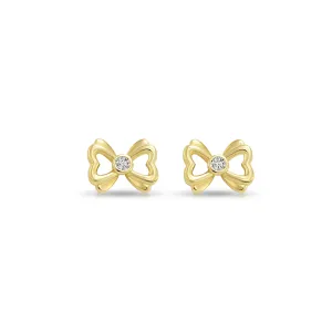 14k Yellow Gold Heart Bow with CZ Center Stone Stud Earrings with Screwbacks
