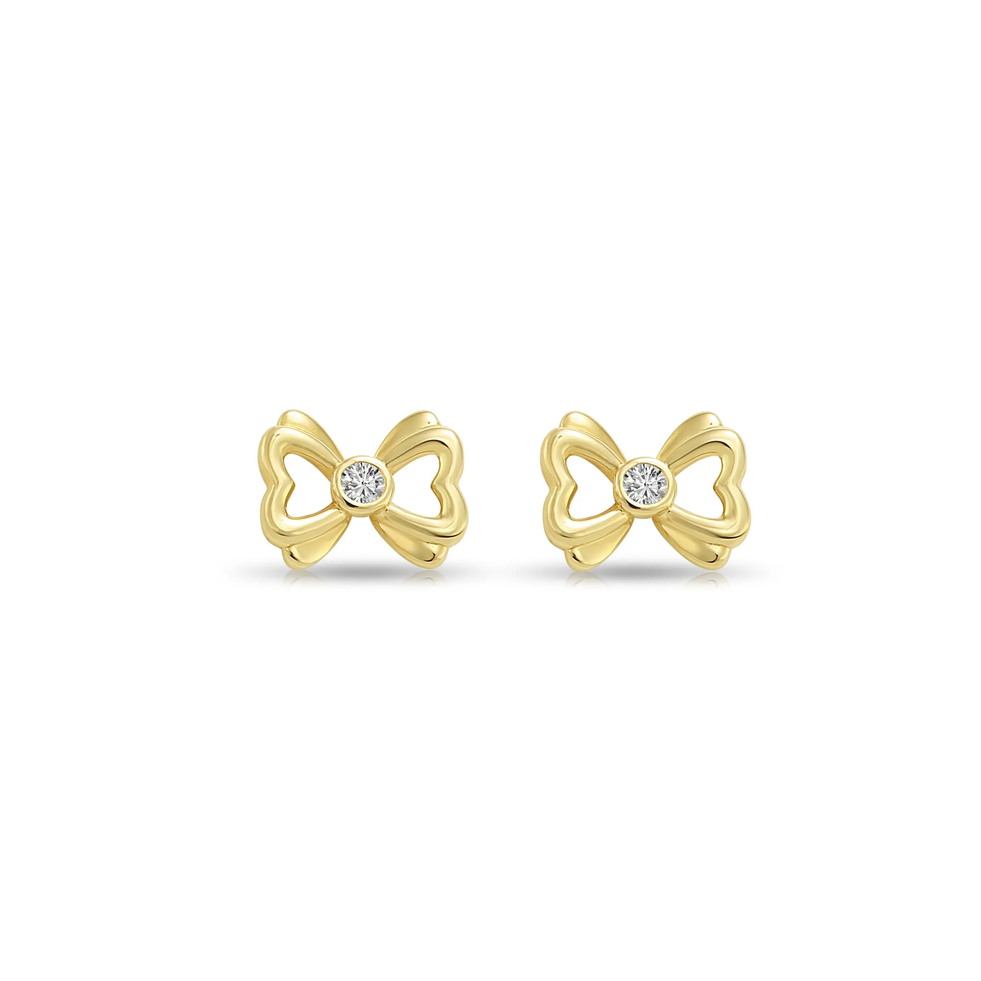 14k Yellow Gold Heart Bow with CZ Center Stone Stud Earrings with Screwbacks