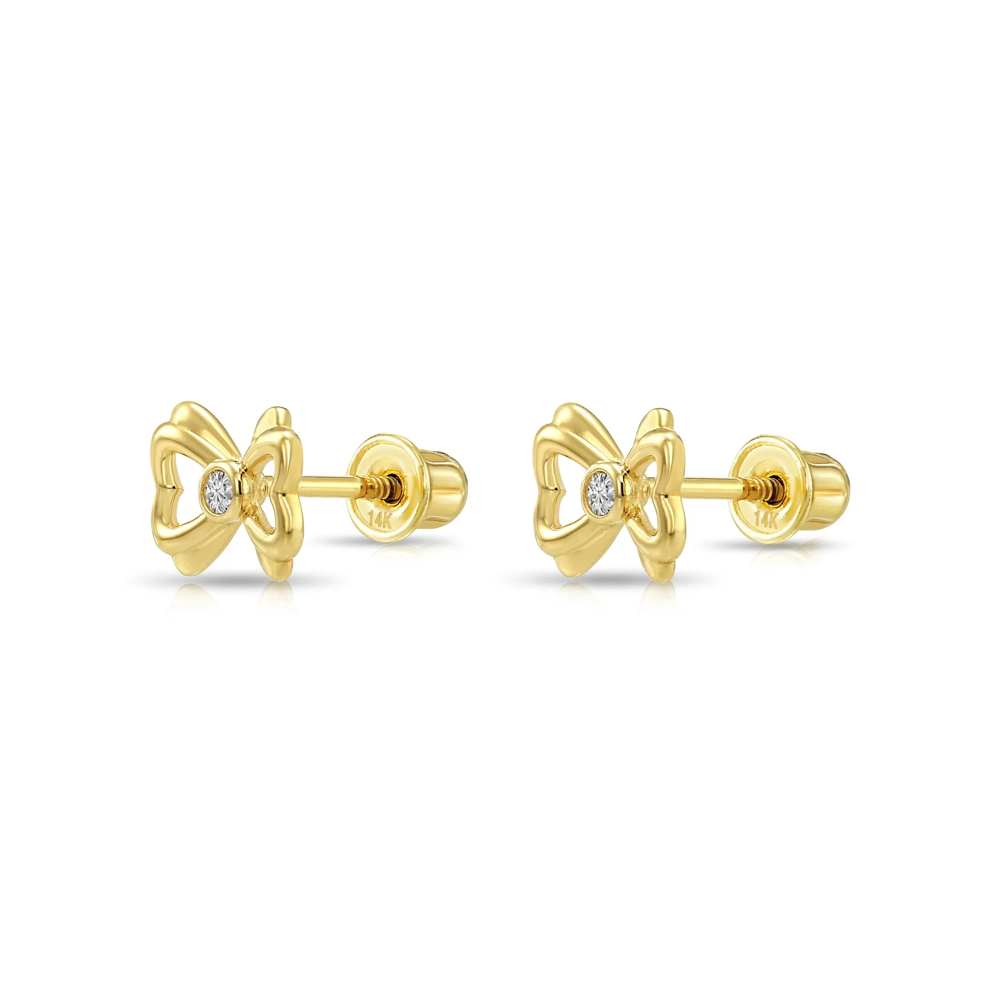 14k Yellow Gold Heart Bow with CZ Center Stone Stud Earrings with Screwbacks