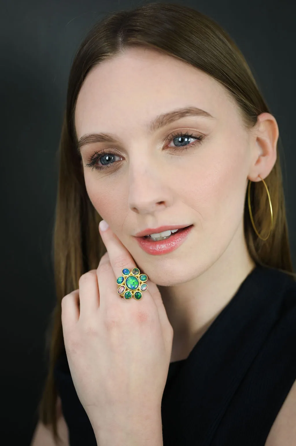 18 Karat Gold Australian Black Opal Daisy Ring