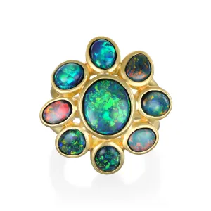18 Karat Gold Australian Black Opal Daisy Ring