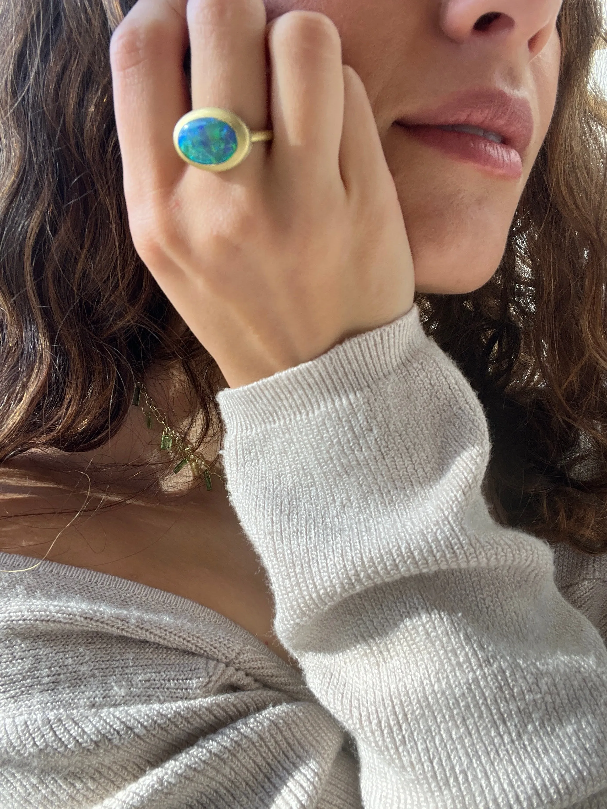 18 Karat Gold Diamond Halo Lightning Ridge Australian Black Opal Ring