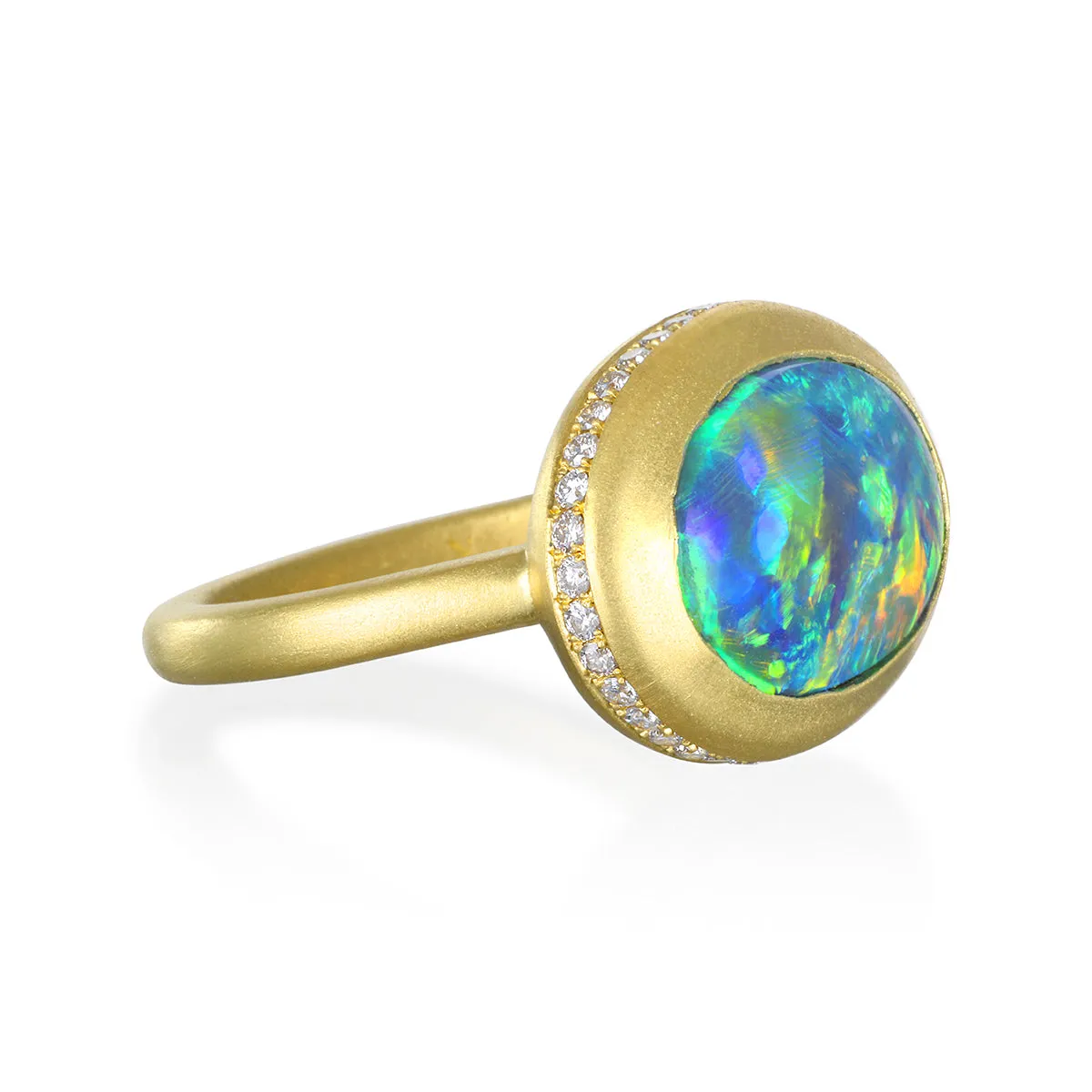 18 Karat Gold Diamond Halo Lightning Ridge Australian Black Opal Ring