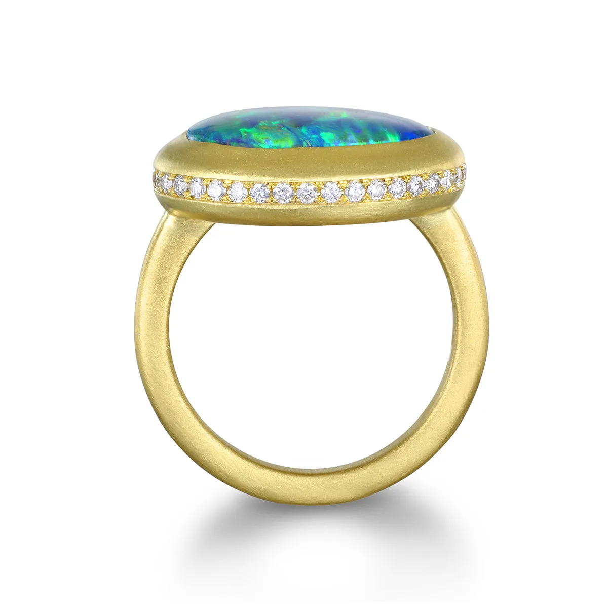 18 Karat Gold Diamond Halo Lightning Ridge Australian Black Opal Ring