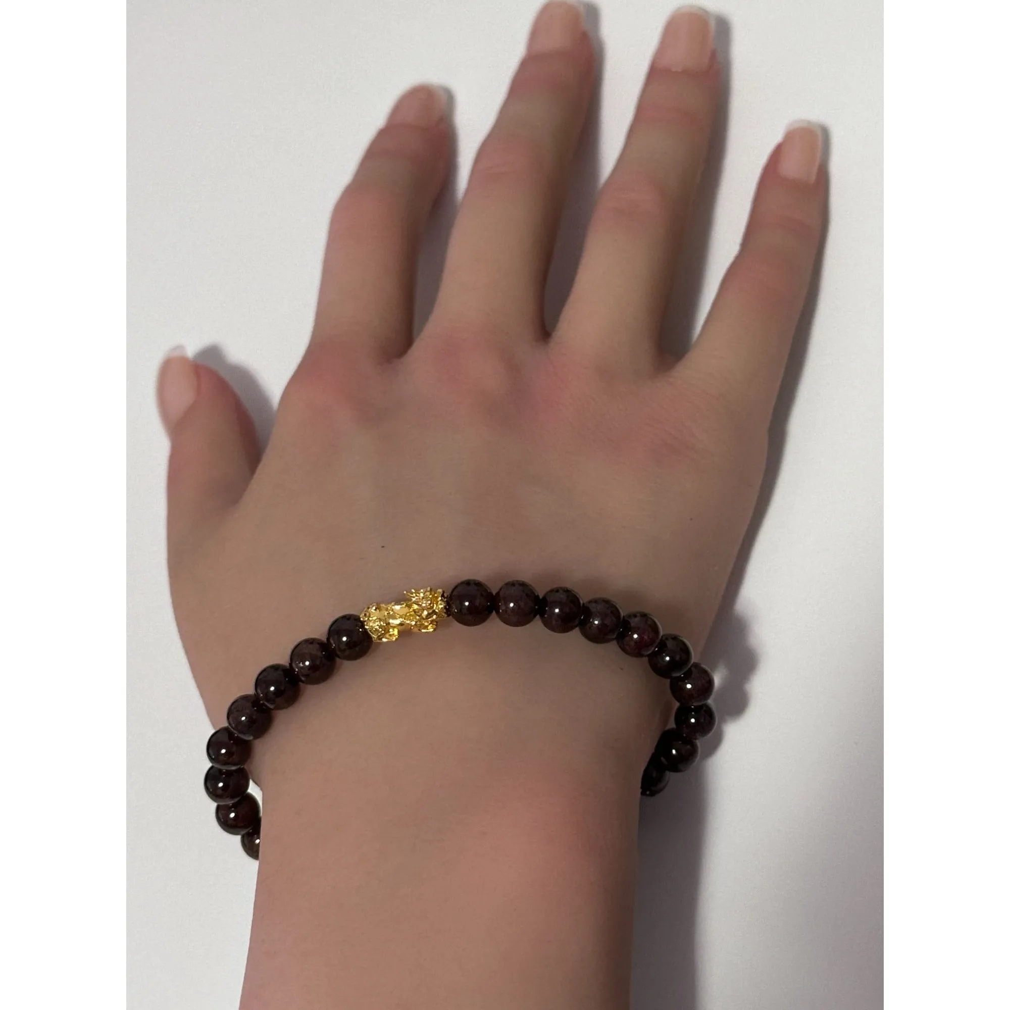 18K Gold Pixiu Piyao Lucky Charm Bracelet Natural Garnet  January Birthstones Gemstones 6mm Size 6.5"
