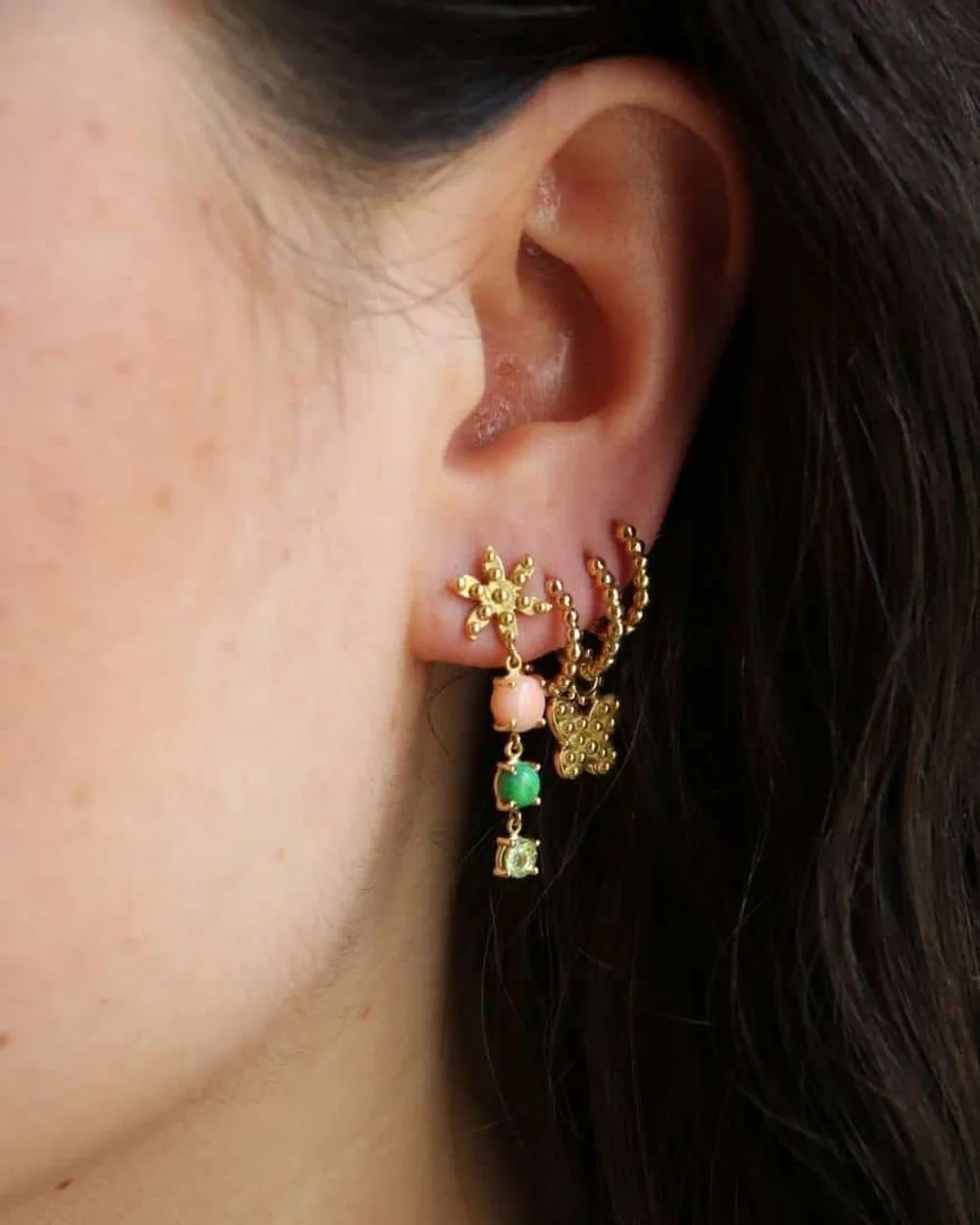 18k Yellow Gold Long Pastel Flower Earrings