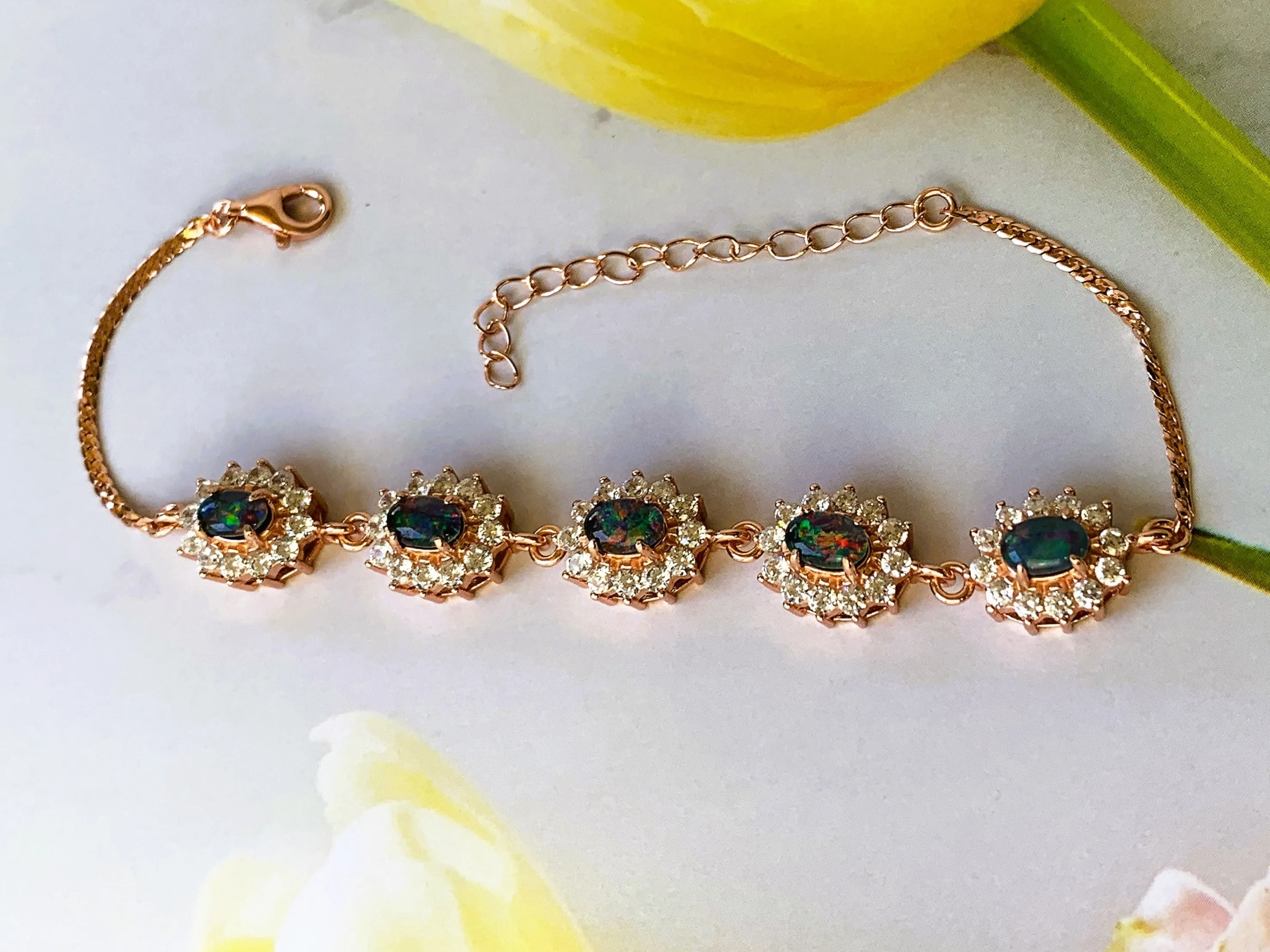 18kt Rose Gold plated Silver Opal 6x4mm Triplet cluster bracelet
