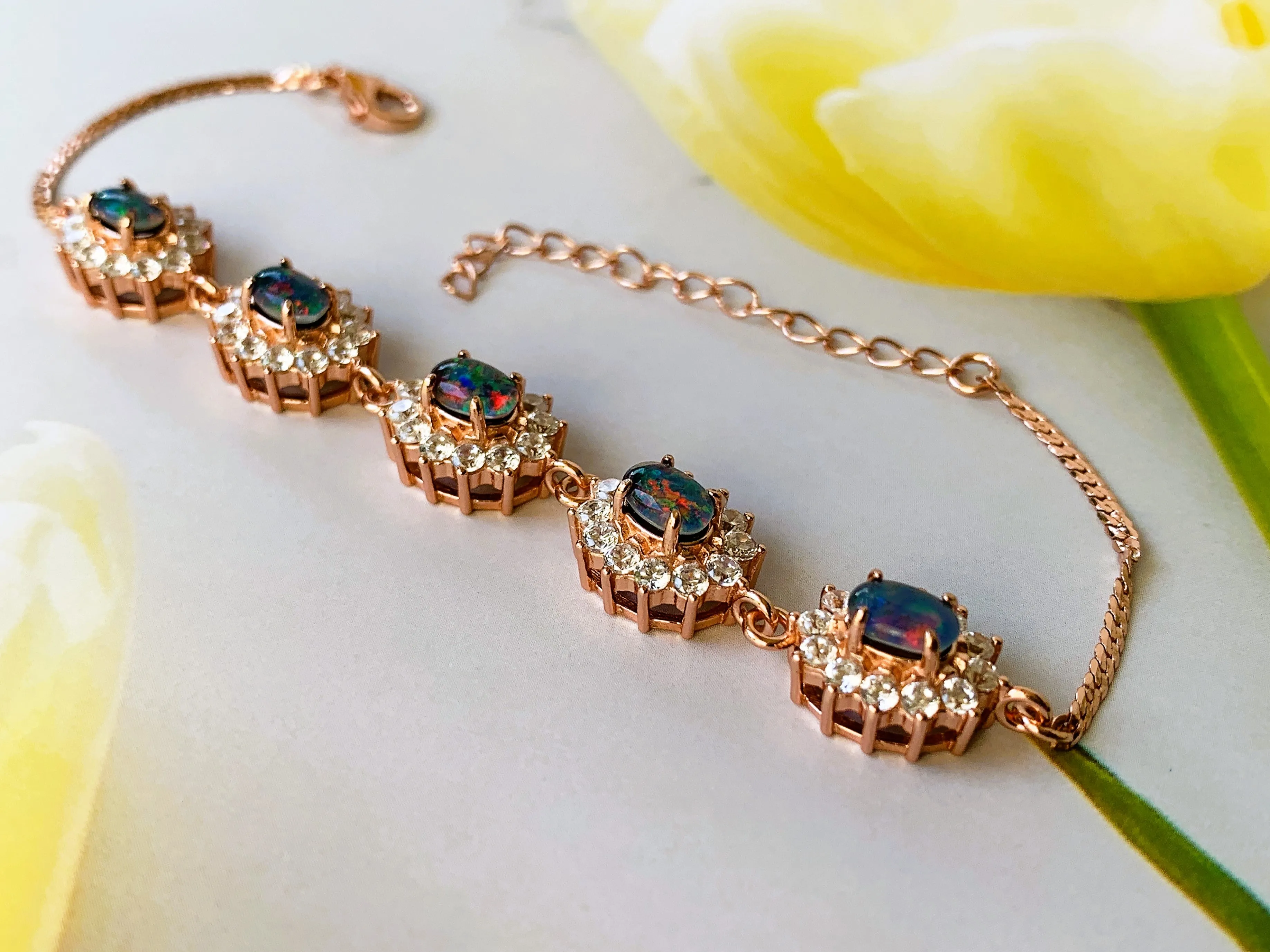 18kt Rose Gold plated Silver Opal 6x4mm Triplet cluster bracelet