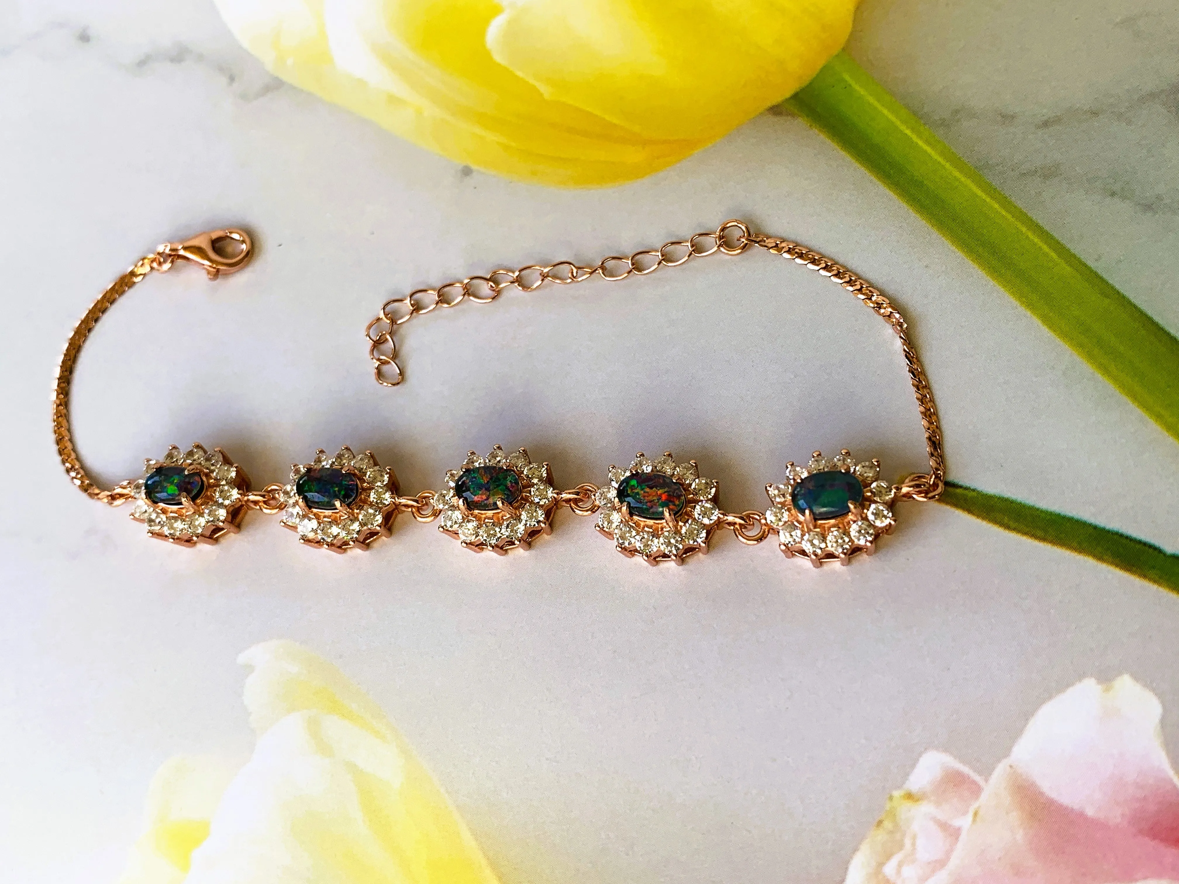 18kt Rose Gold plated Silver Opal 6x4mm Triplet cluster bracelet