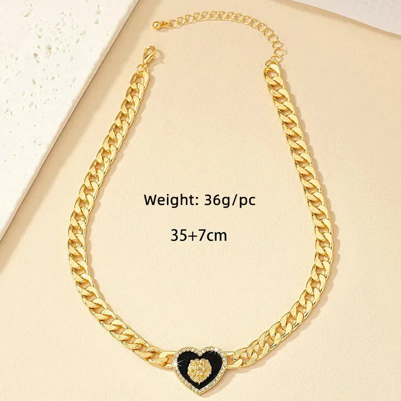 24 Karat Gold Plated Lion Head Enamel  Heart Shaped Amulet Collar Choker with Rhinestone for Woman