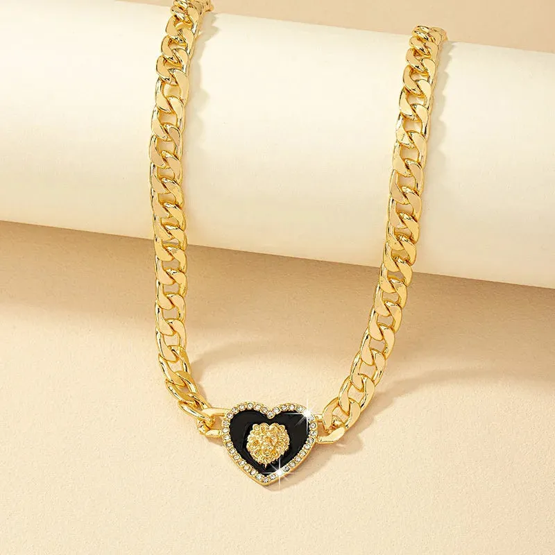 24 Karat Gold Plated Lion Head Enamel  Heart Shaped Amulet Collar Choker with Rhinestone for Woman