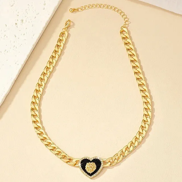24 Karat Gold Plated Lion Head Enamel  Heart Shaped Amulet Collar Choker with Rhinestone for Woman