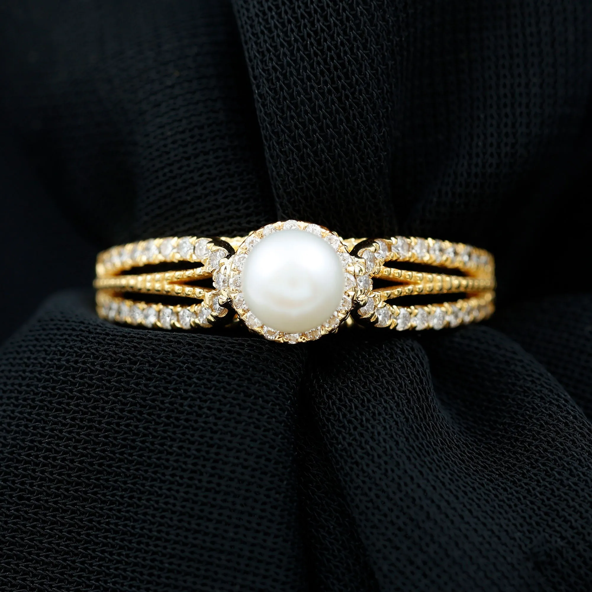 2.50 CT Freshwater Pearl and Diamond Engagement Ring with Beaded Gold