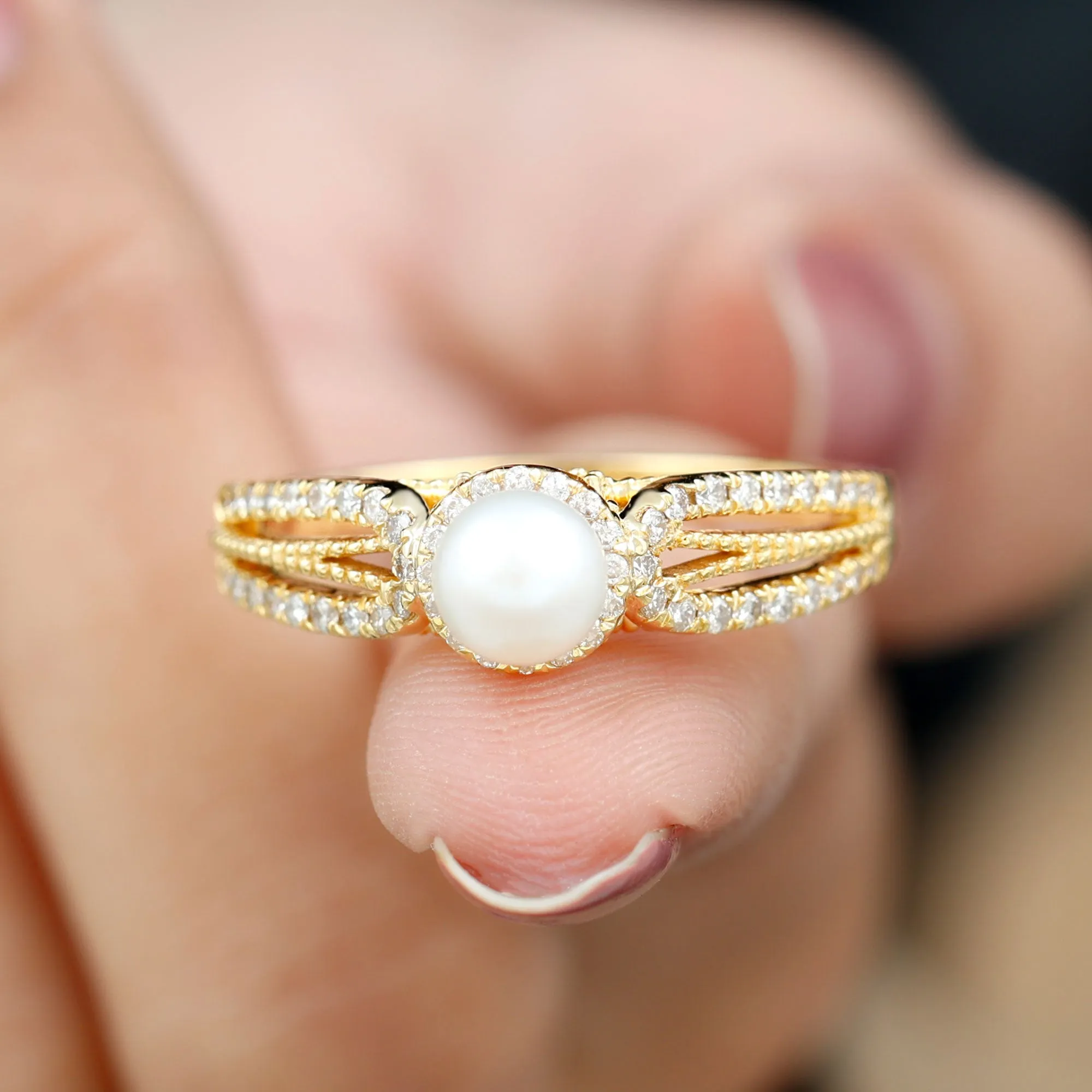 2.50 CT Freshwater Pearl and Diamond Engagement Ring with Beaded Gold