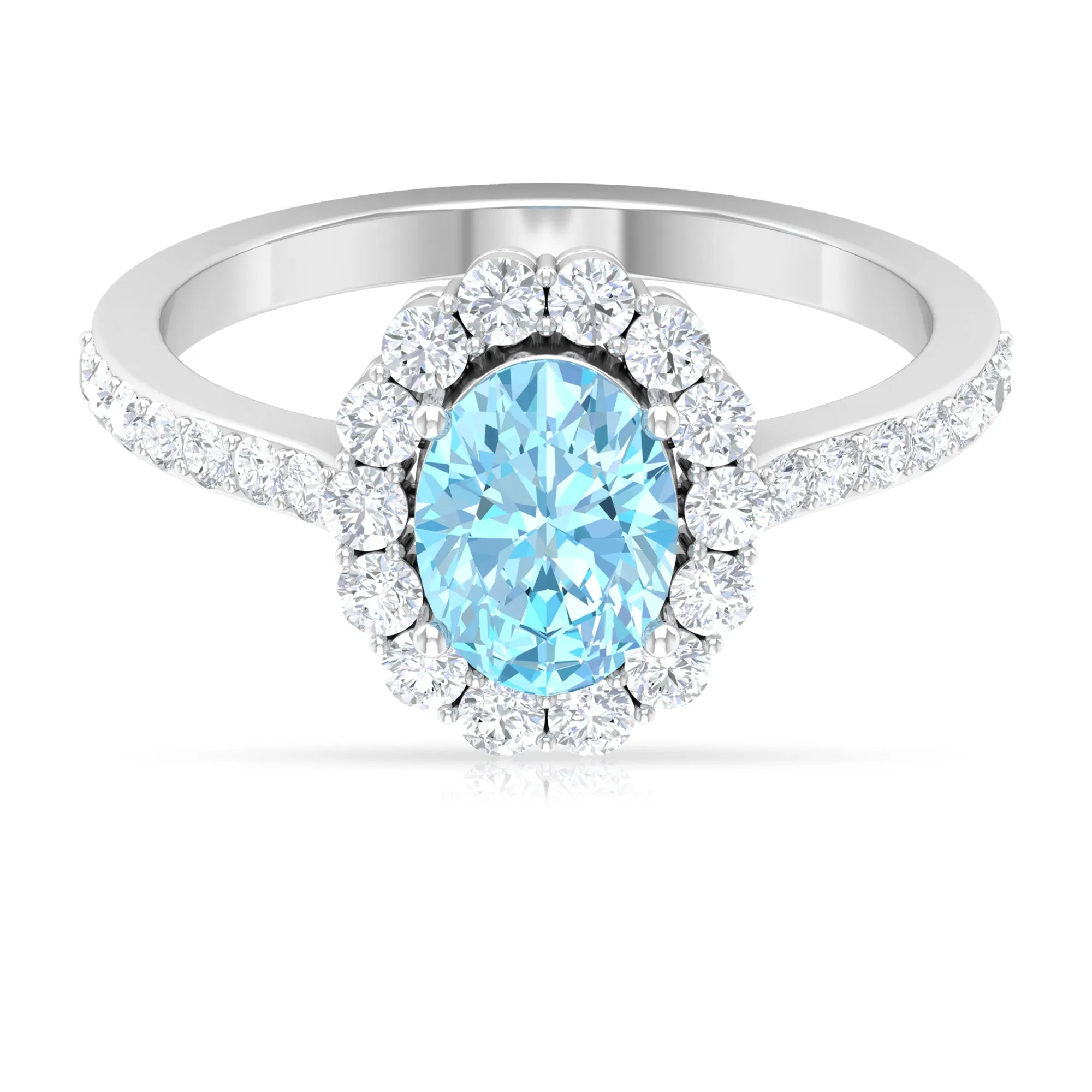 2.50 CT Oval Shape Solitaire Aquamarine and Moissanite Accent Engagement Ring