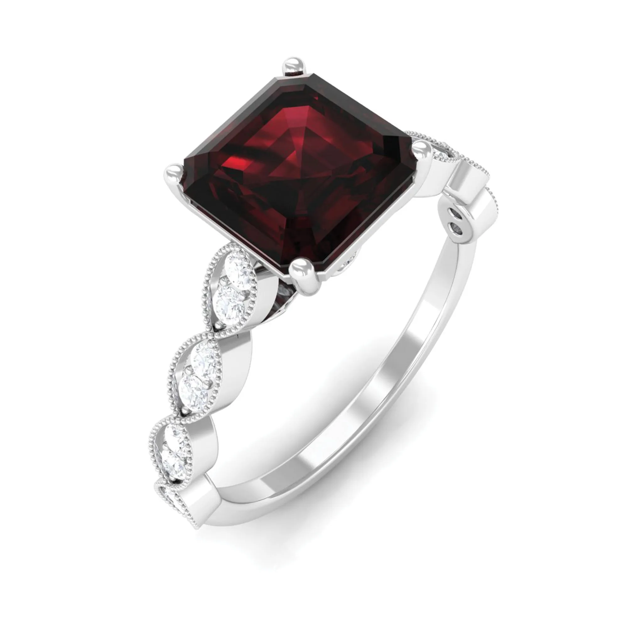 3.25 CT Asscher Cut Garnet Engagement Ring with Diamond Side Stones