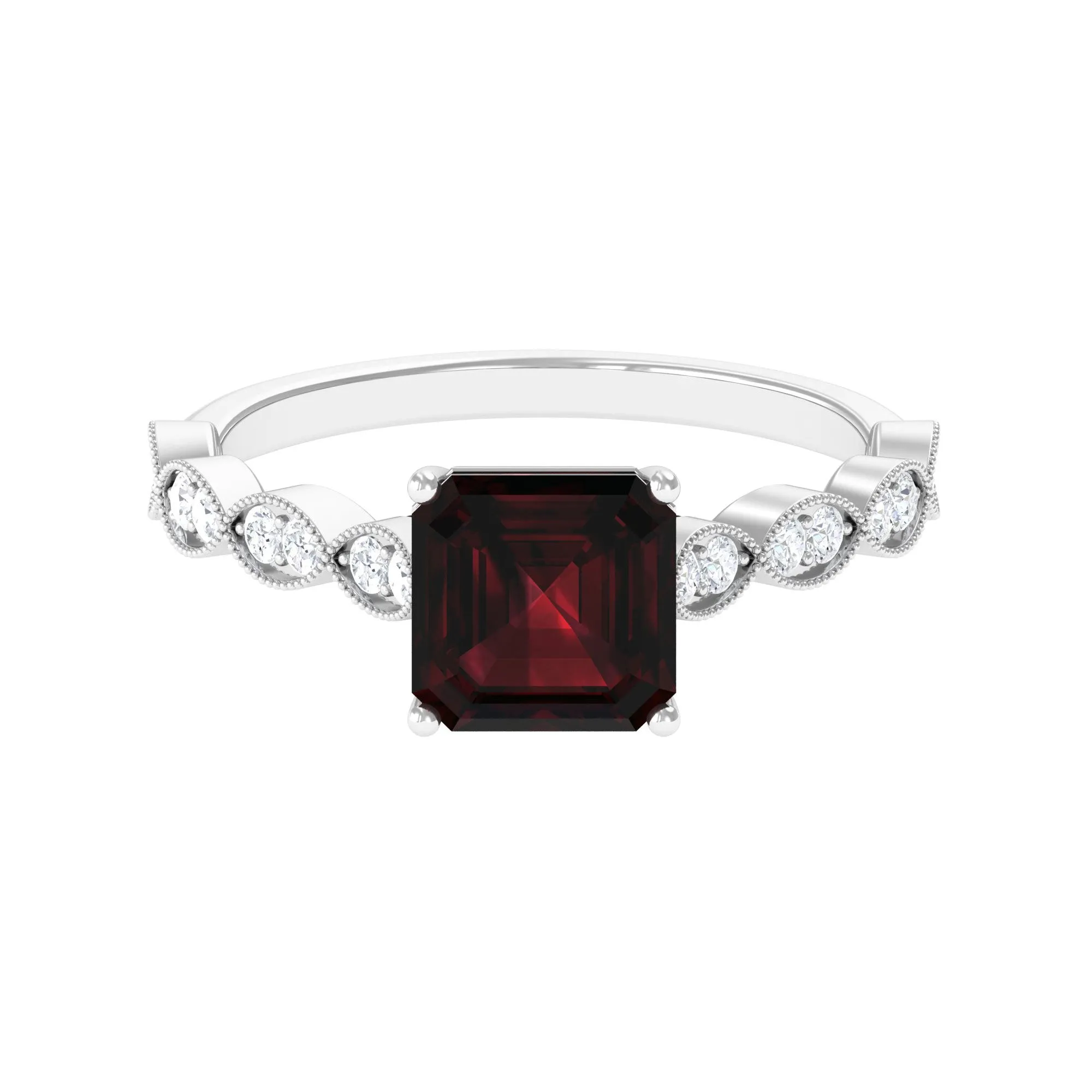 3.25 CT Asscher Cut Garnet Engagement Ring with Diamond Side Stones