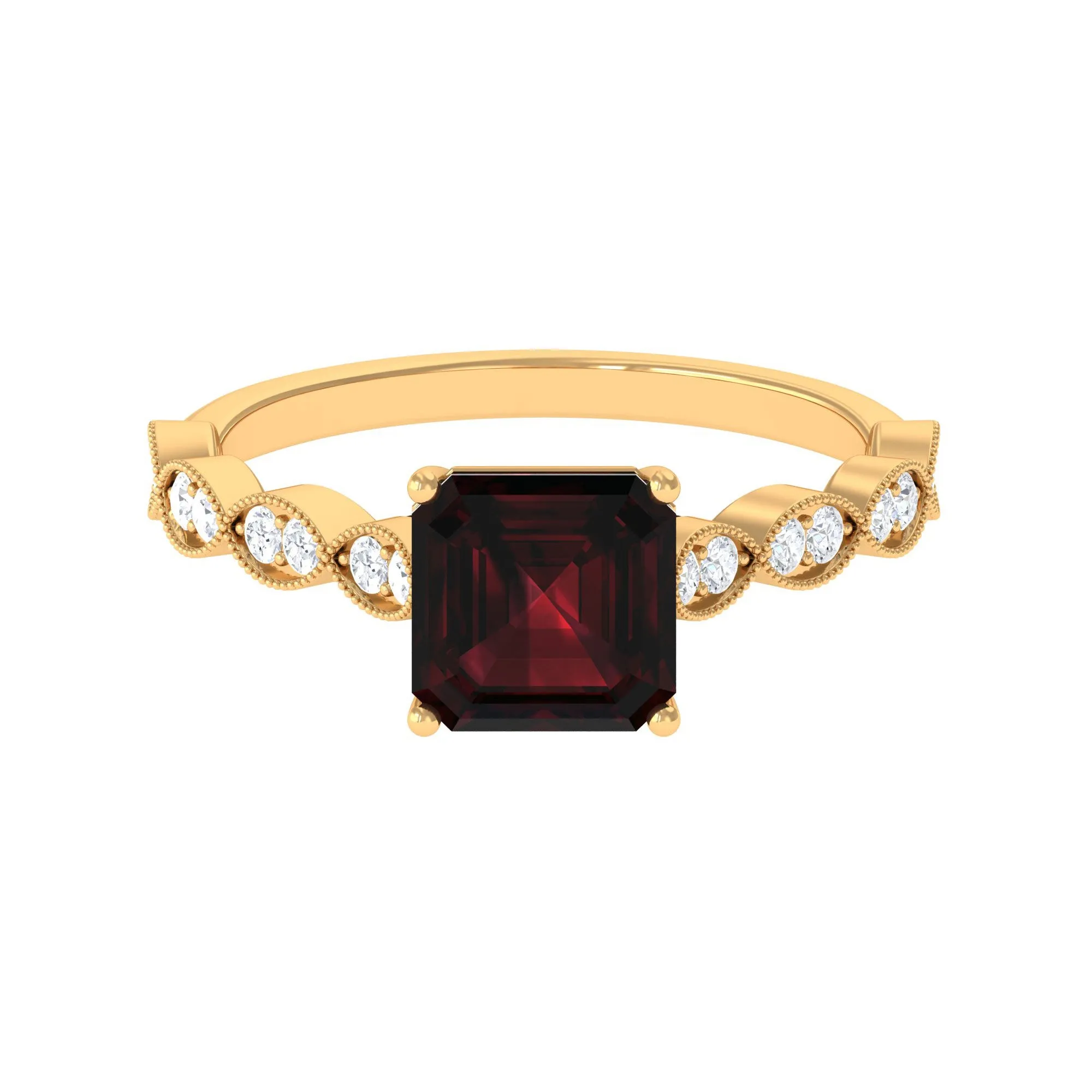 3.25 CT Asscher Cut Garnet Engagement Ring with Diamond Side Stones