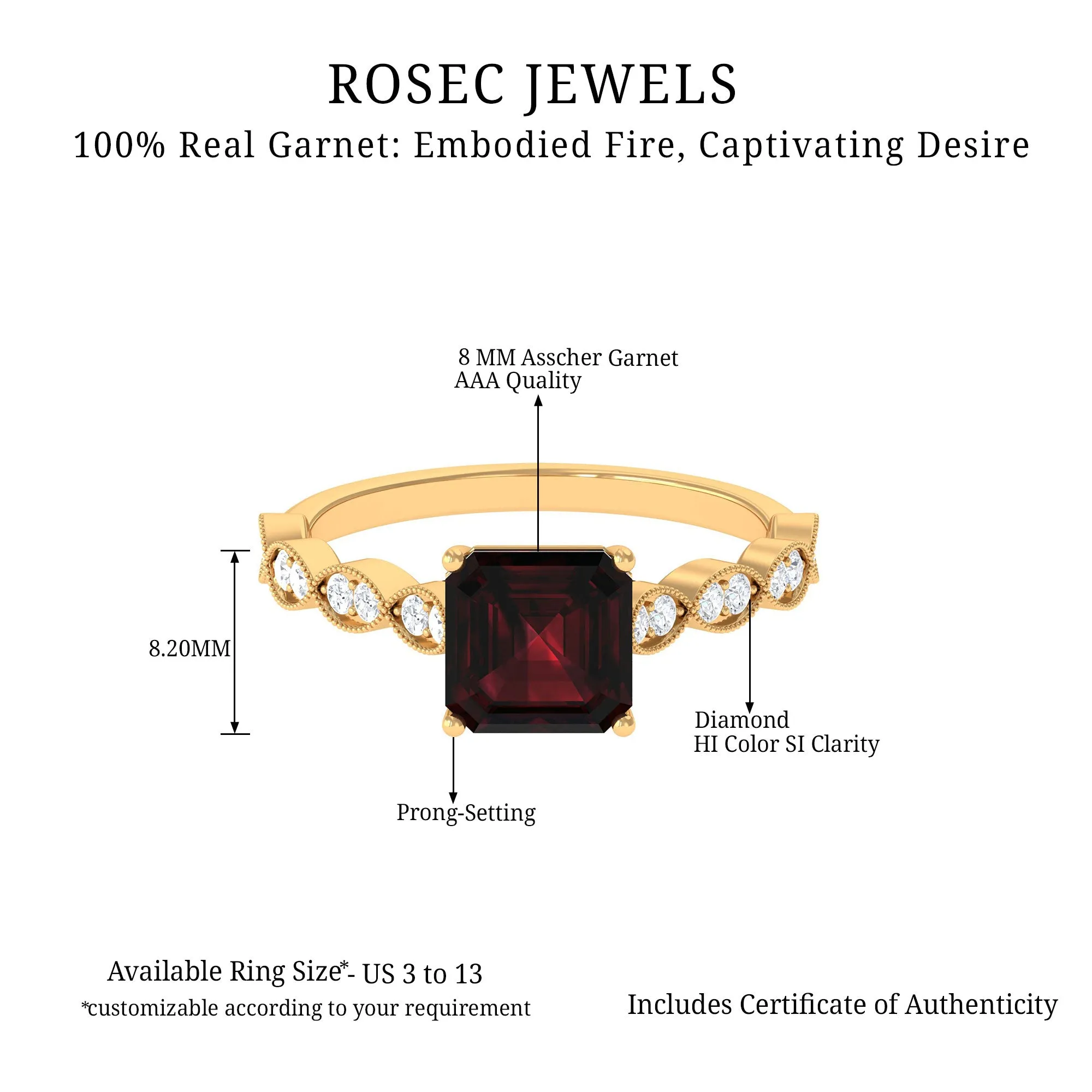 3.25 CT Asscher Cut Garnet Engagement Ring with Diamond Side Stones