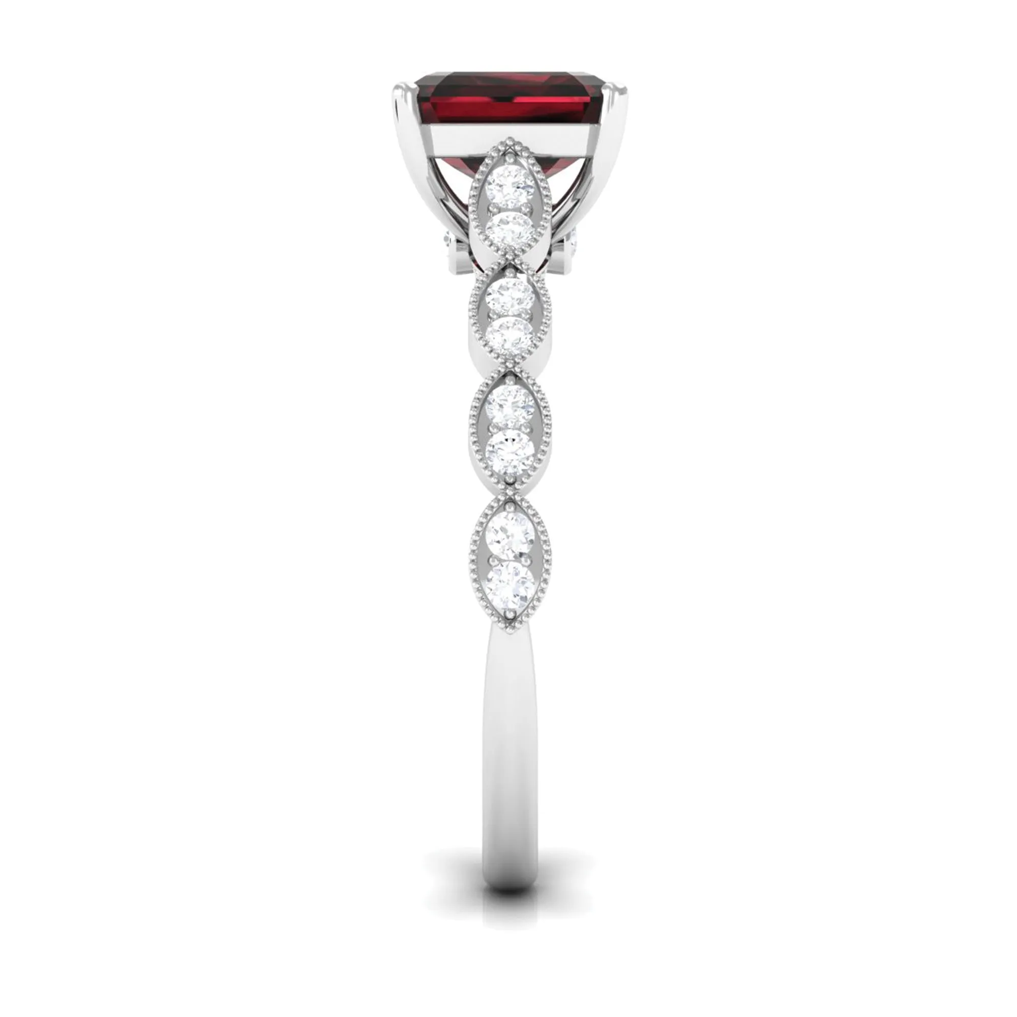 3.25 CT Asscher Cut Garnet Engagement Ring with Diamond Side Stones