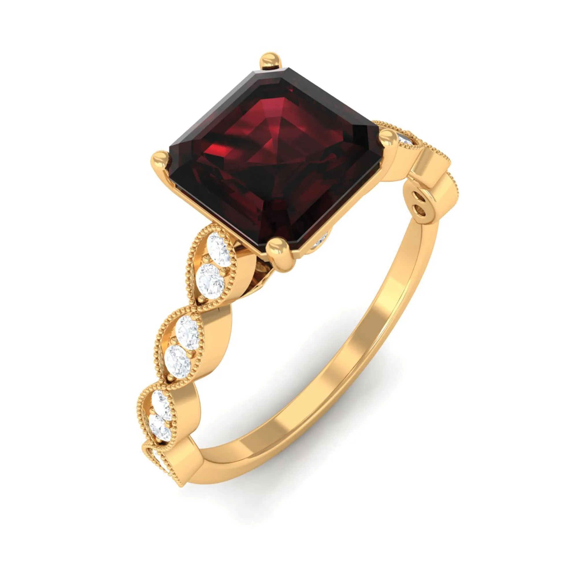 3.25 CT Asscher Cut Garnet Engagement Ring with Diamond Side Stones