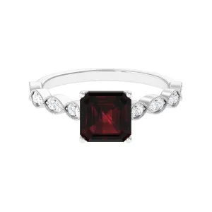 3.25 CT Asscher Cut Garnet Engagement Ring with Diamond Side Stones