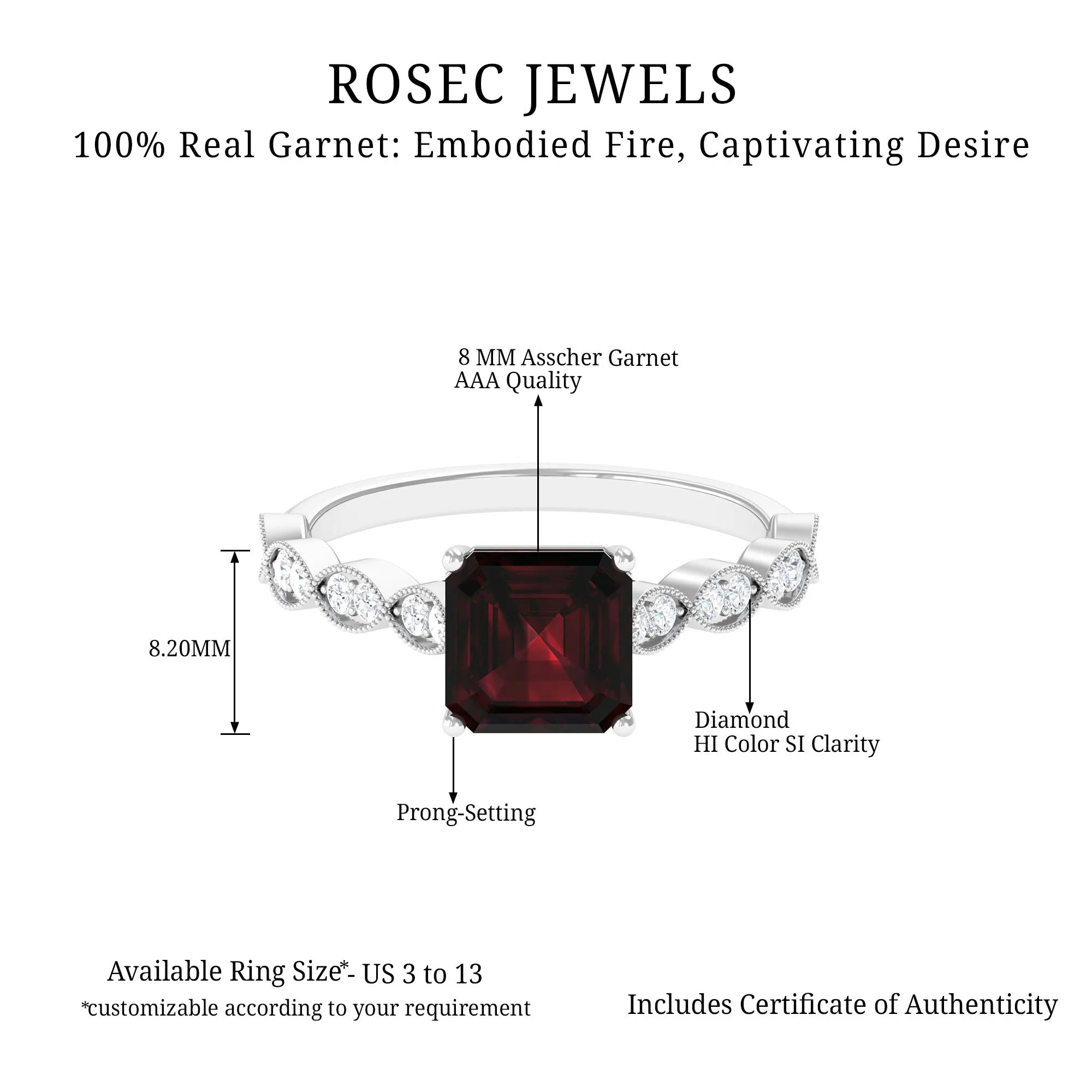 3.25 CT Asscher Cut Garnet Engagement Ring with Diamond Side Stones