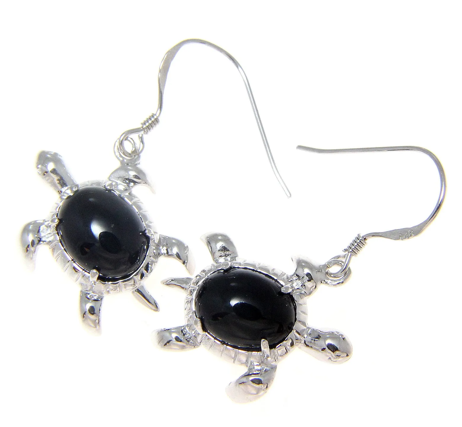 925 Silver Rhodium Hawaiian Honu Turtle Genuine Natural Black Coral Earrings