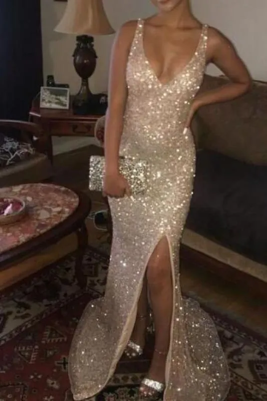 Affordable Fascinating Fascinating Sparkly Sequins Mermaid Prom Dress V Neck Sleeveless Long Formal Dresses