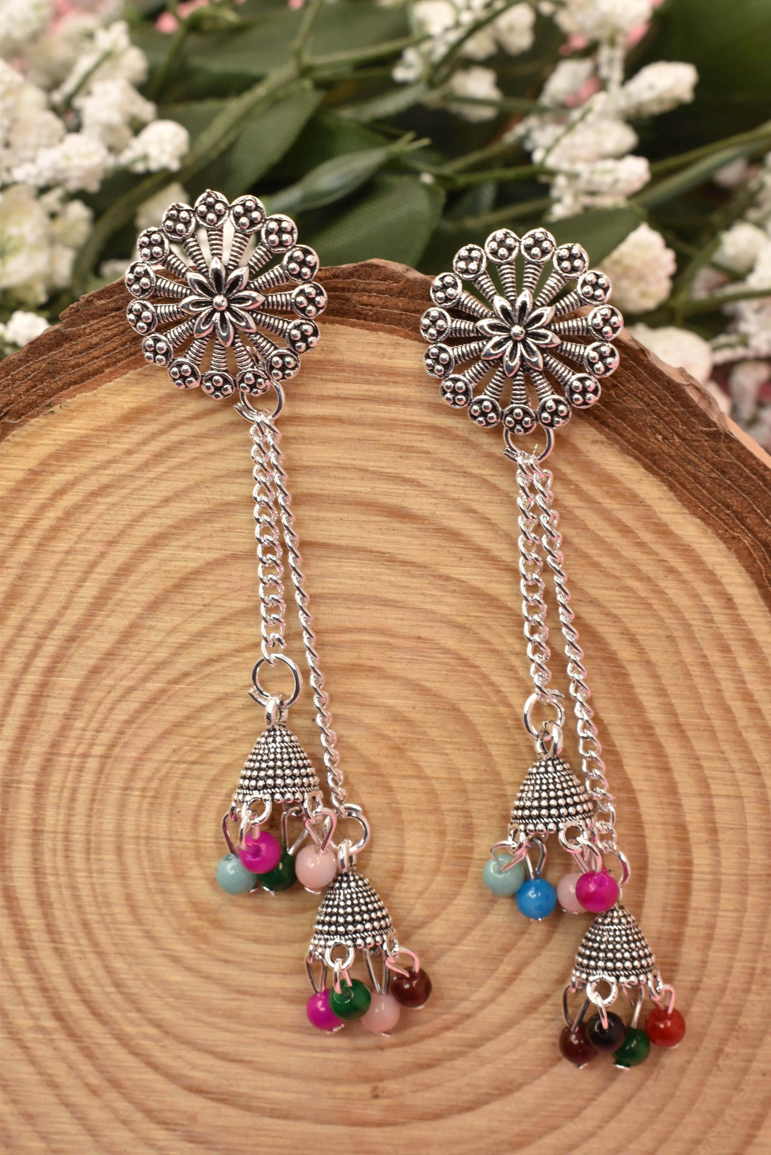 Antique Silver Tasseled Earrings: Oxidized Sui Dhaga