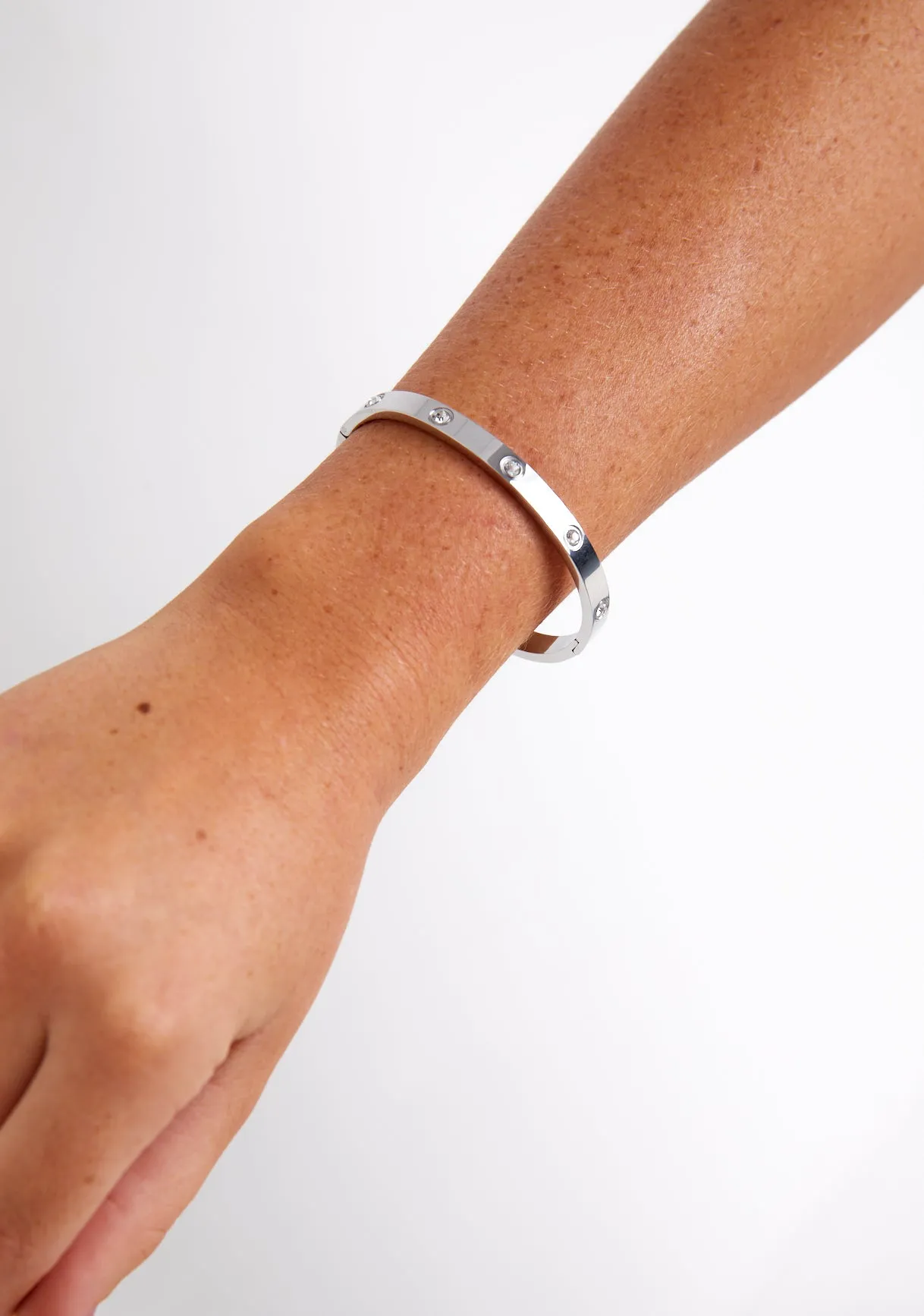 Anya Silver Engraved Diamante Stud Bangle Bracelet