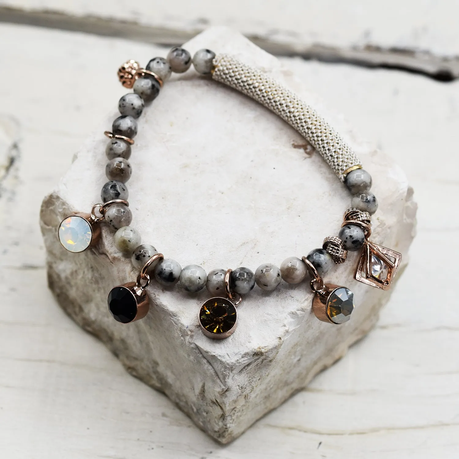 Beaded semi precious bracelet with hanging charms and chain