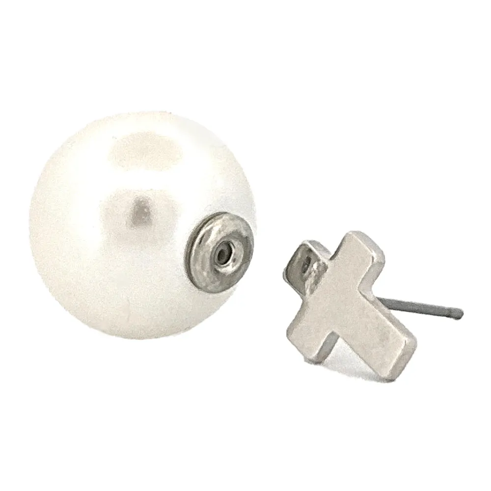 Classic Cross Charm Pearl Double-Sided Design Fashion Stud Earrings