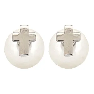Classic Cross Charm Pearl Double-Sided Design Fashion Stud Earrings