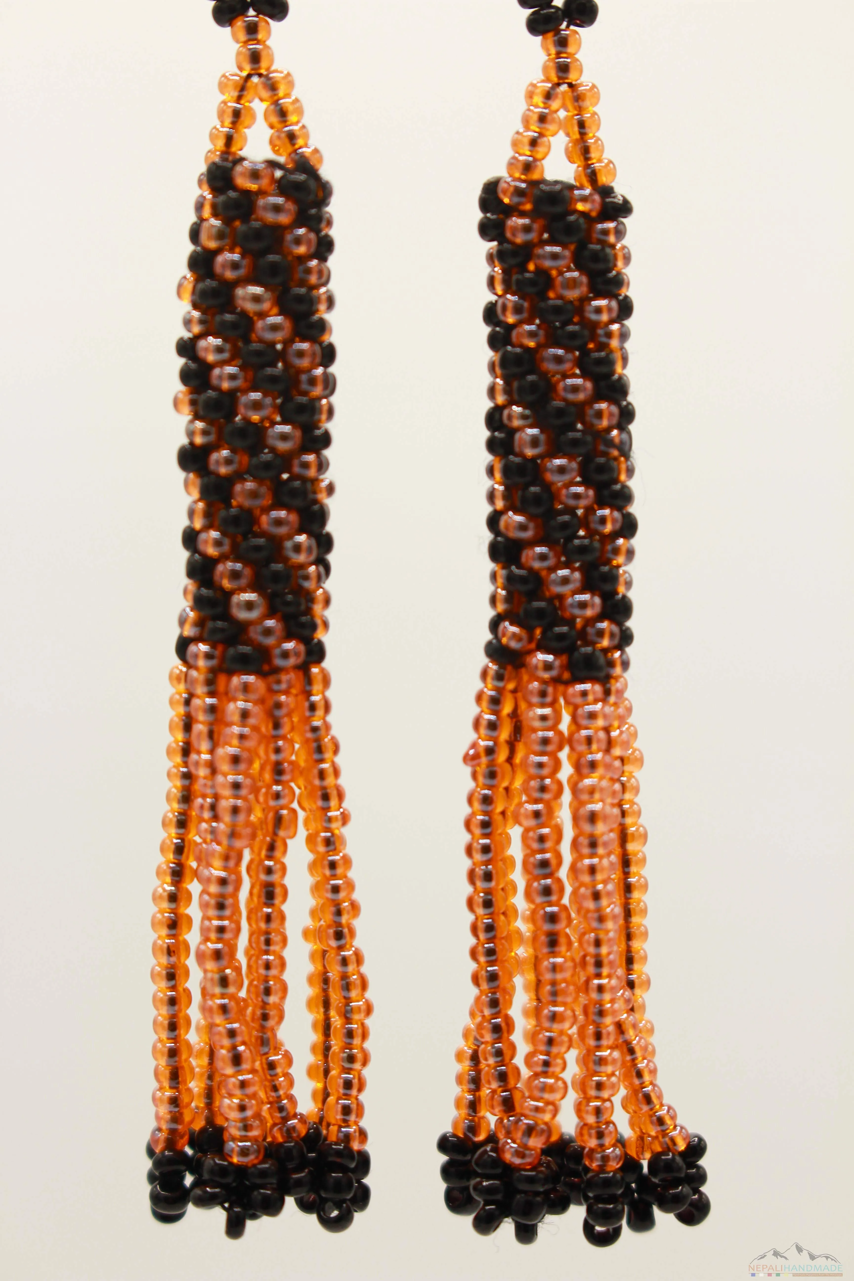Coral Orange & Black Glass Beads Cylindrical Chandelier Earring